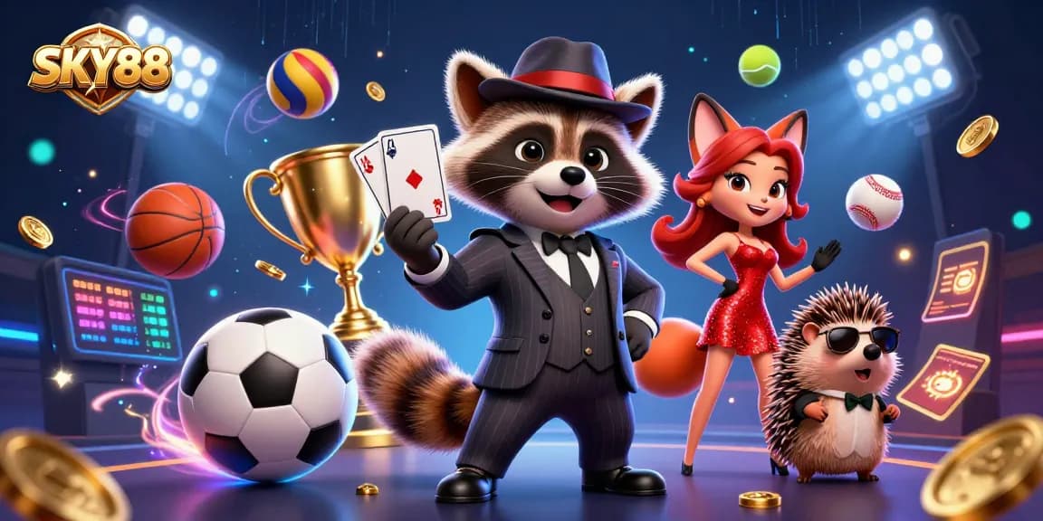 Experience the excitement at SKY88 with a raccoon, fox, and hedgehog in a dynamic casino scene.