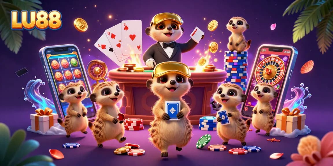 LU88 players explore a vibrant casino scene with meerkats, slot games, and rich rewards.