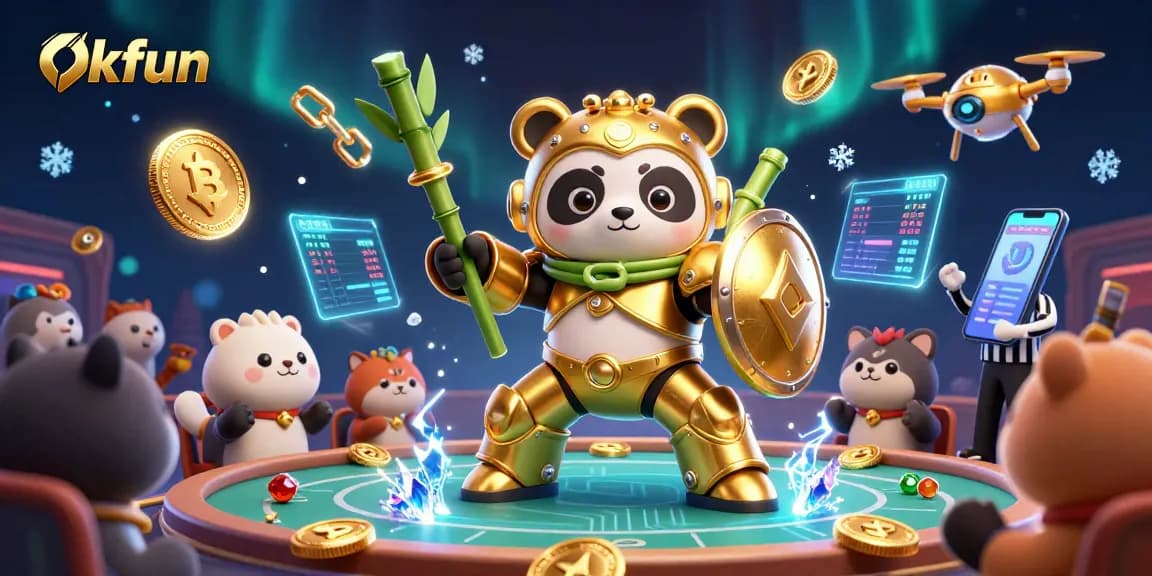 Okfun showcases a vibrant 3D scene with a mech-suit panda in a gambling arena filled with blockchain elements.