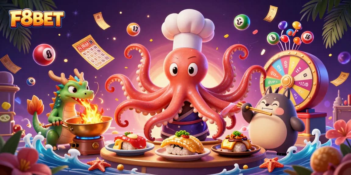Engage with F8BET's vibrant online casino world through dynamic illustration showcasing colorful games and characters.