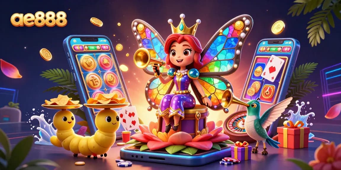 Experience thrilling gaming with ae888's vibrant casino-inspired illustration featuring colorful gameplay elements.
