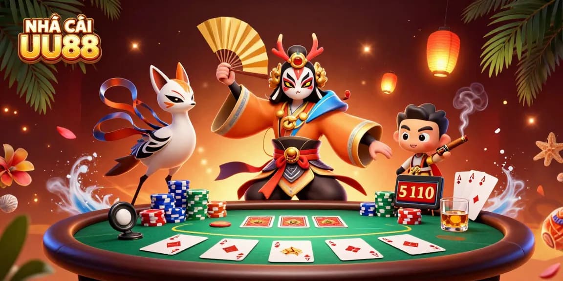 Experience thrilling action at NHÀ CÁI UU88 with dynamic poker gameplay and colorful elements in a vibrant scene.