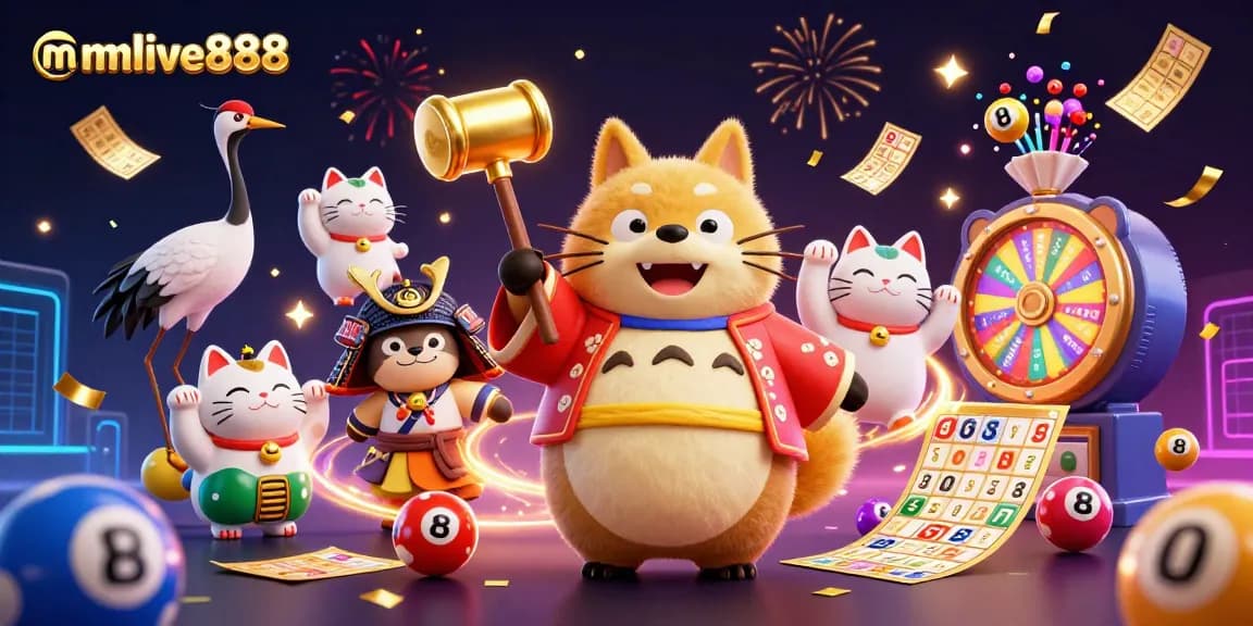 Join the excitement of mmlive888 with this vibrant casino-themed illustration featuring playful characters.