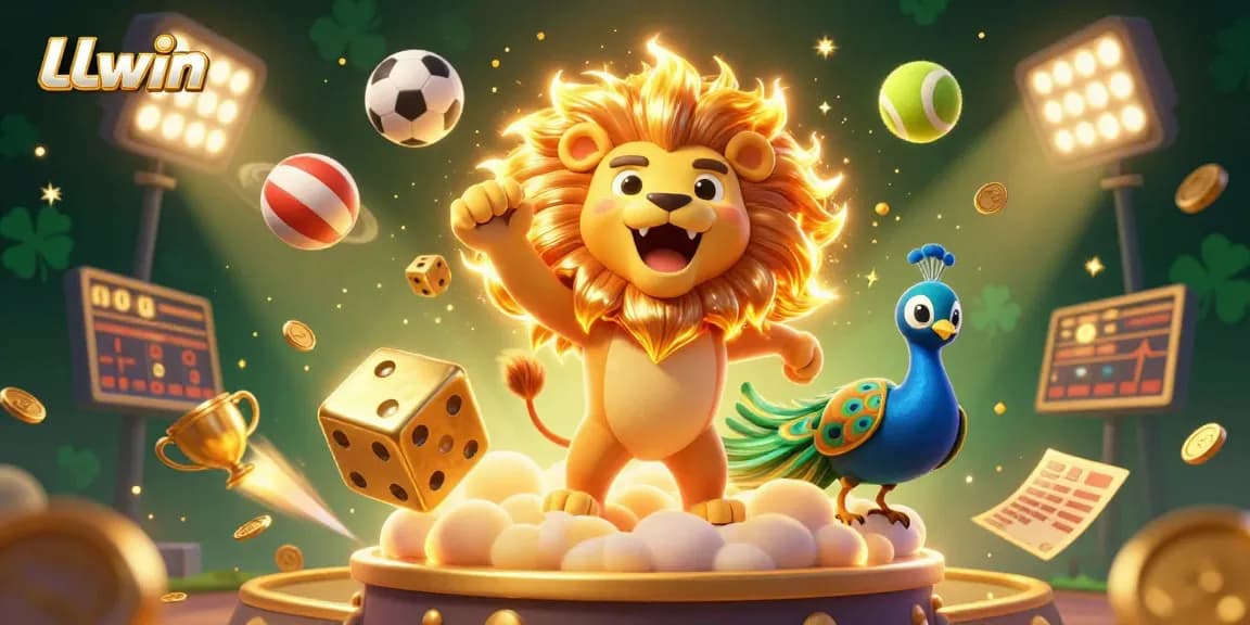 LLwin sports betting action featuring a vibrant 3D lion illustration with golden dice and dynamic sports elements.