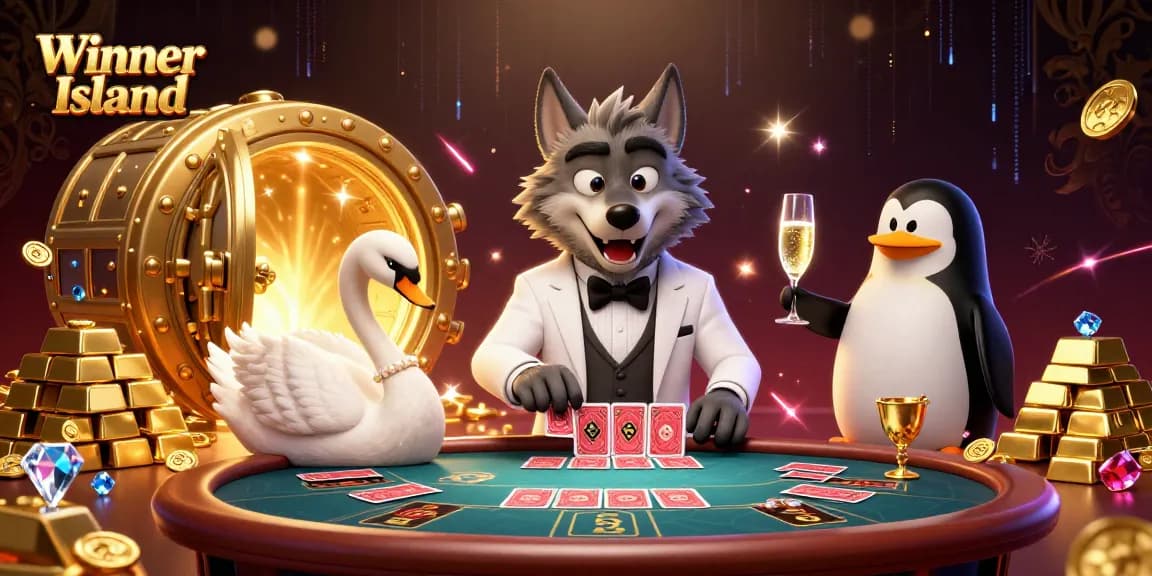 Engage in thrilling gaming at Winner Island with wolf dealer, swan card distributor, and champagne penguin in a rich casino scene.