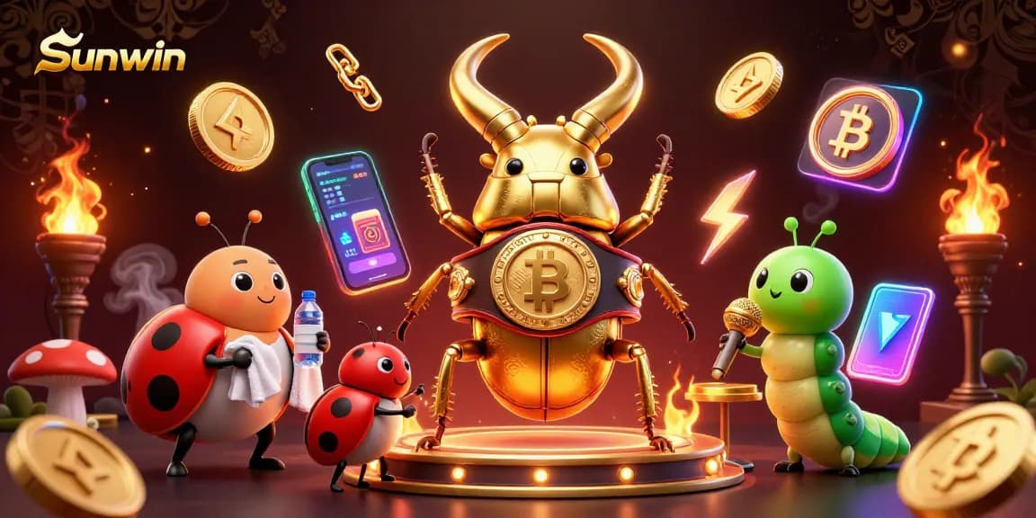 Sunwin engages players in a vibrant casino scene with dynamic characters and floating crypto elements.