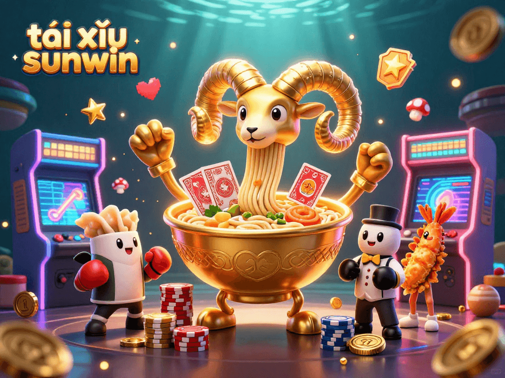 Engage in tài xỉu sunwin with a fun 3D illustration featuring lively characters and colorful casino elements.