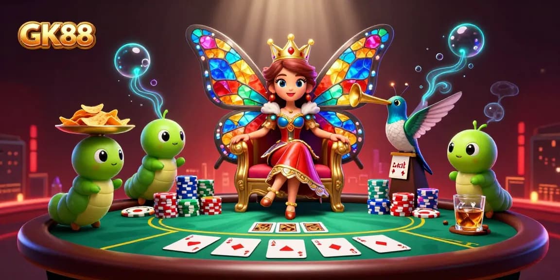 Experience GK88 excellence with a butterfly queen amongst poker chips and vibrant casino elements.