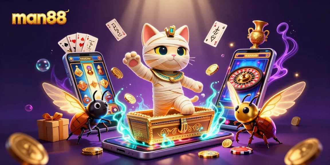man88's lively casino scene highlights a mummy cat and scarab beetle playing floating cards.
