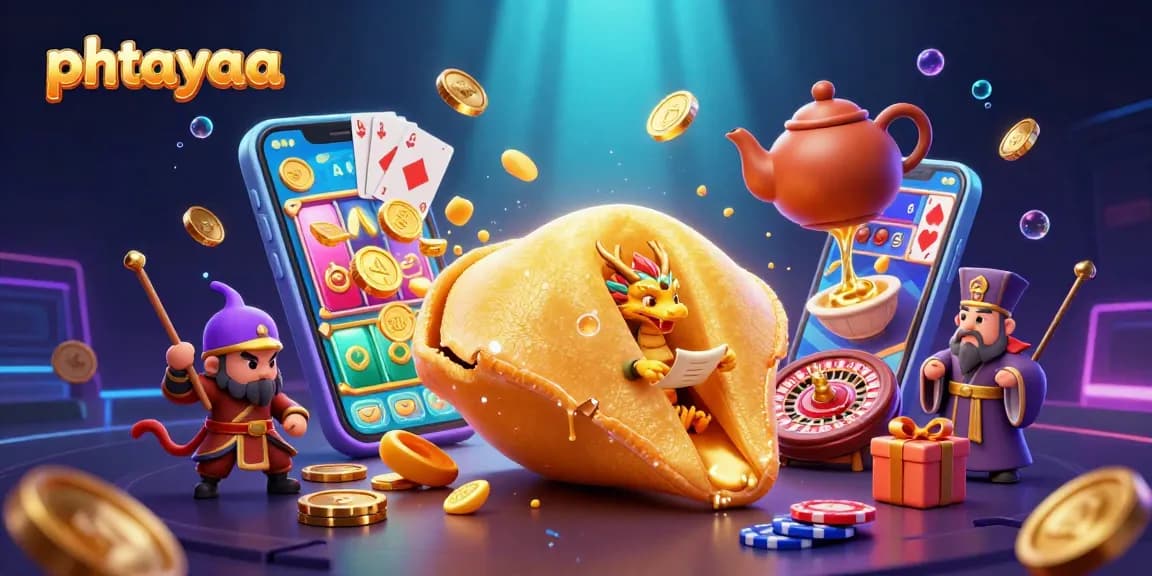 Phtayaa captivating illustration showcasing a golden fortune cookie and a wise dragon in a vibrant casino scene.