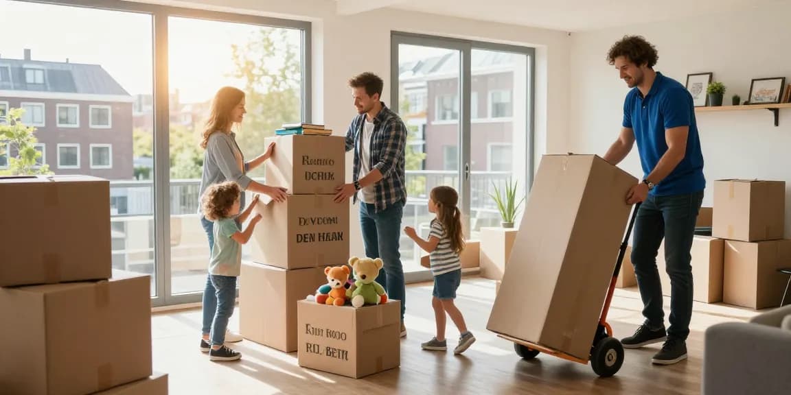 Family preparing for a move with a reliable verhuisbedrijf den haag, packing boxes and furniture.