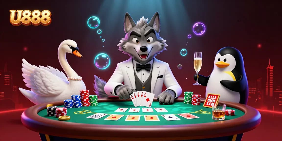 U888 players enjoy baccarat with a debonair wolf, elegant swan, and penguin sommelier at a lively casino table.
