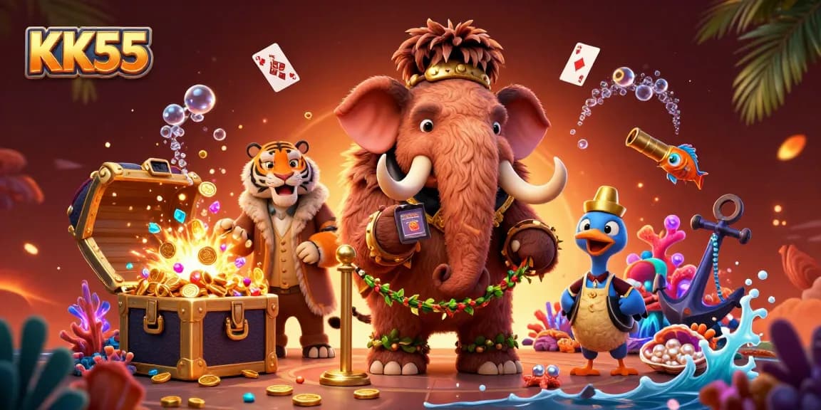 Engage in thrilling gaming at KK55 with a vibrant 3D casino illustration featuring colorful characters.