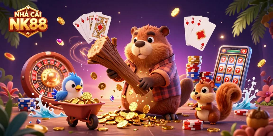 Spin and win with NHÀ CÁI NK88 while gathering golden coins and jackpots in a vibrant casino scene.