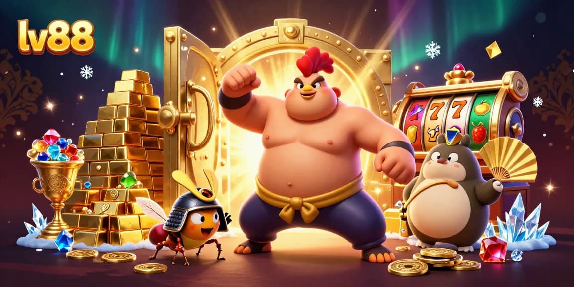 Experience the excitement of lv88 with a lively 3D illustration featuring slot games and dynamic characters.