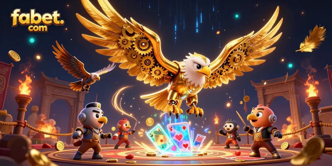 Experience dynamic gameplay at fabet. com with an illustration of a cybernetic eagle soaring through holographic cards.