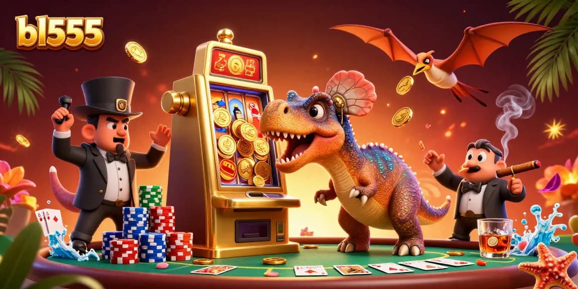 Experience thrilling wins at bl555 with a pachycephalosaurus celebrating jackpotted coins in an animated casino.