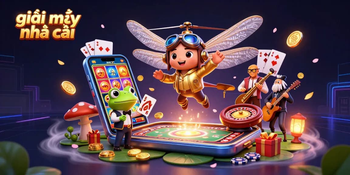 Engage in thrilling gaming with giải mã nhà cái at a vibrant lily pad casino scene featuring unique characters.