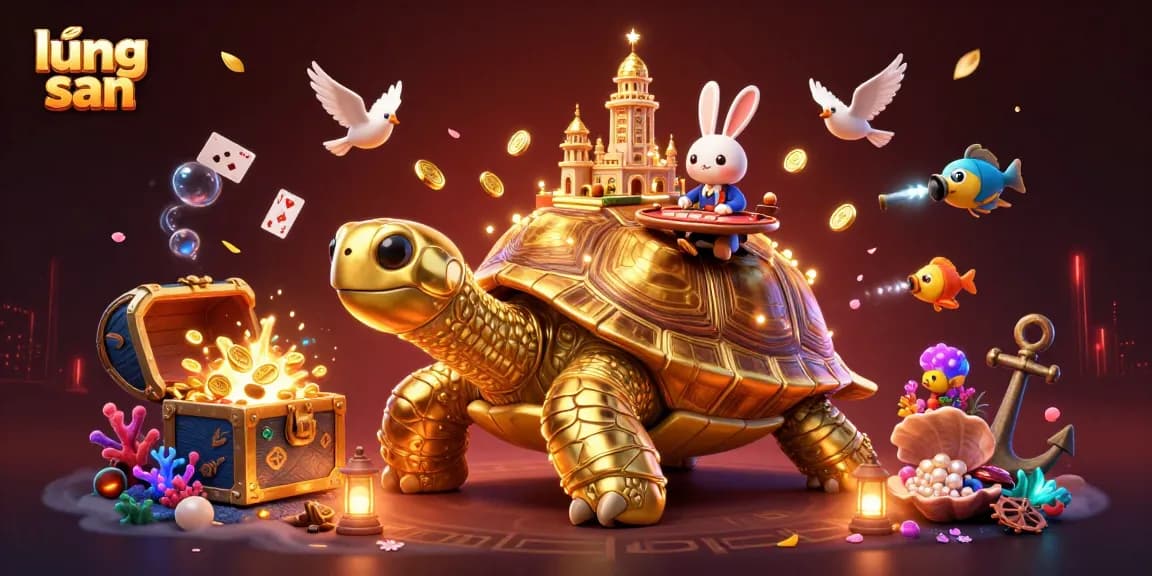 Lương sơn offers thrilling gambling experiences with a vibrant casino scene featuring a cartoon tortoise and a dealer.