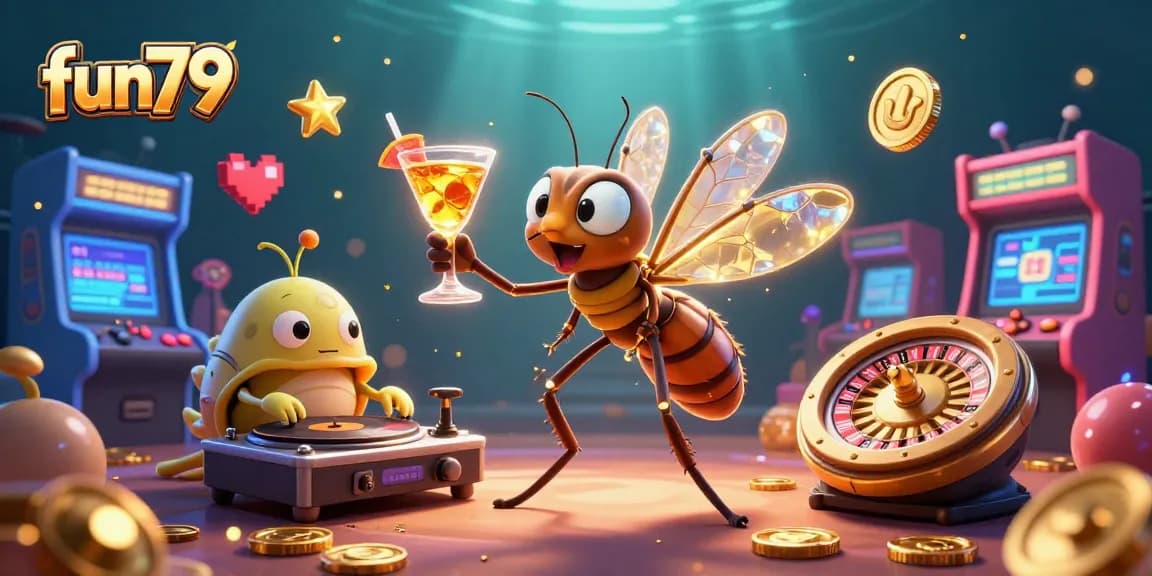 Experience fun79's vibrant casino world with lively mascots, games, and roulette excitement.