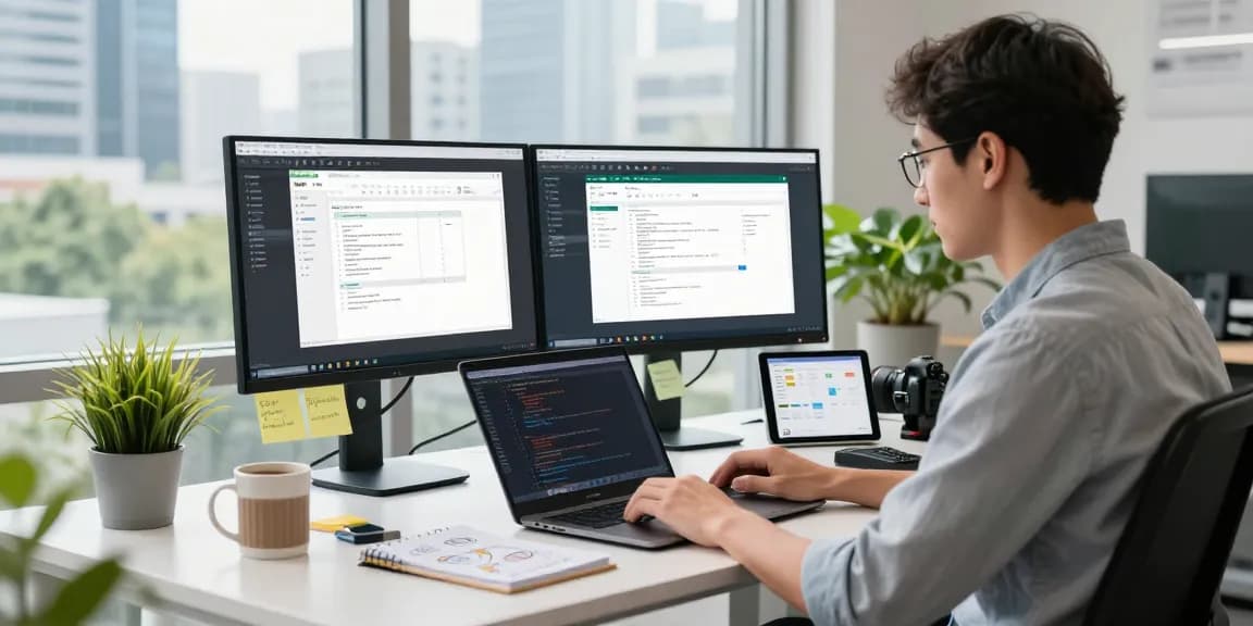 Download WPS Office in a modern workspace with dual screens showcasing productivity tools and a vibrant city view.