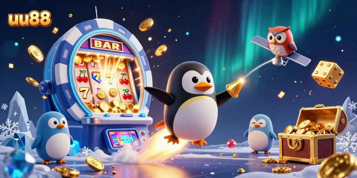uu88 features an illustrated golden penguin racing to a casino space station with vibrant game symbols