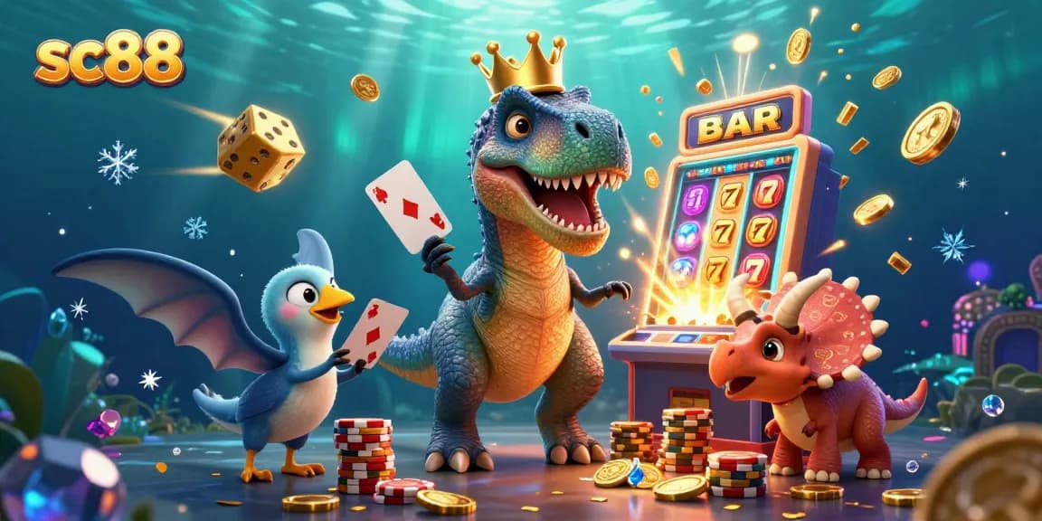 Experience thrilling gameplay at sc88 with a T-Rex shuffling cards and vibrant casino elements surrounding it.