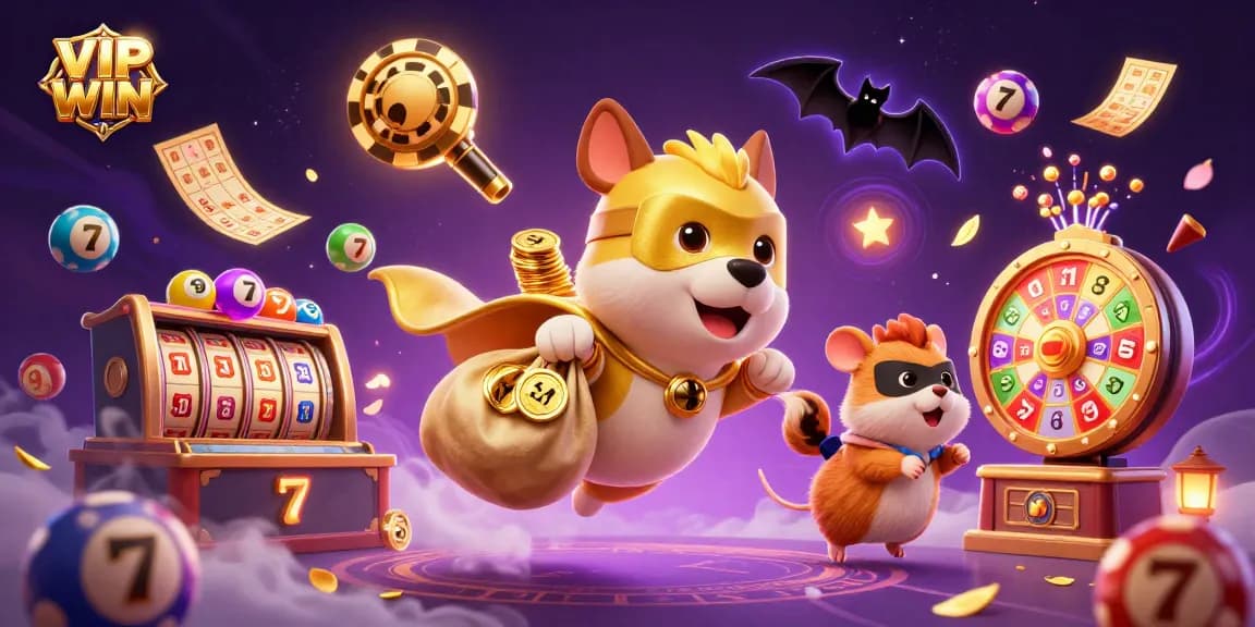 Engage with VIPWIN featuring a superhero dog and hamster in an animated casino scene.