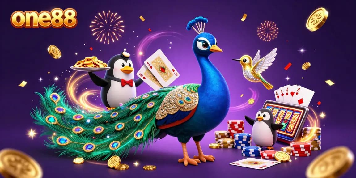 Experience one88 gaming excitement with a peacock, penguin, and hummingbird in a vibrant casino scene.
