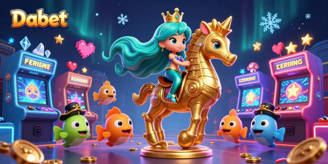 Dabet immerses players in a vibrant animated casino world featuring a mermaid, seahorse, and colorful game machines.