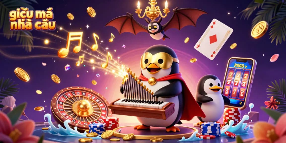 Experience the magic of giải mã nhà cái with a dynamic casino scene featuring a penguin organist