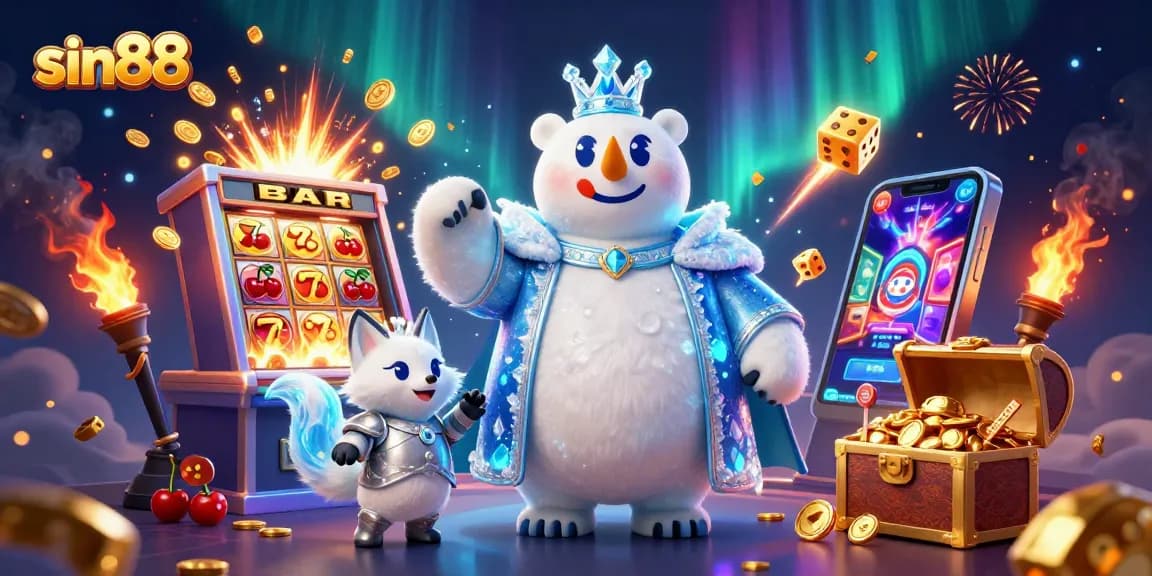 sin88 casino adventure with a cartoon ice king polar bear, snow fox, and slot machine jackpot