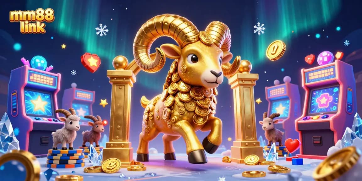 Engage with the mm88 link as a golden ram charges through a casino-themed backdrop filled with vibrant gaming elements.