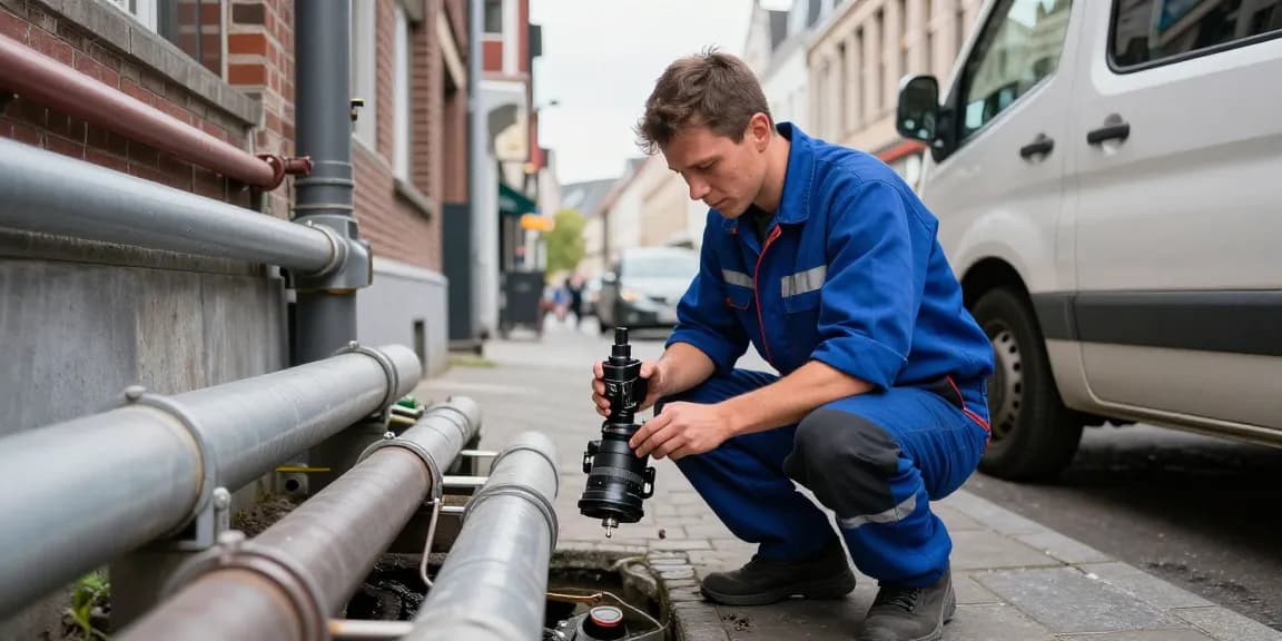 Ontstopping Antwerpen: Technicus inspecteert afvoersysteem met camera in Antwerpen.