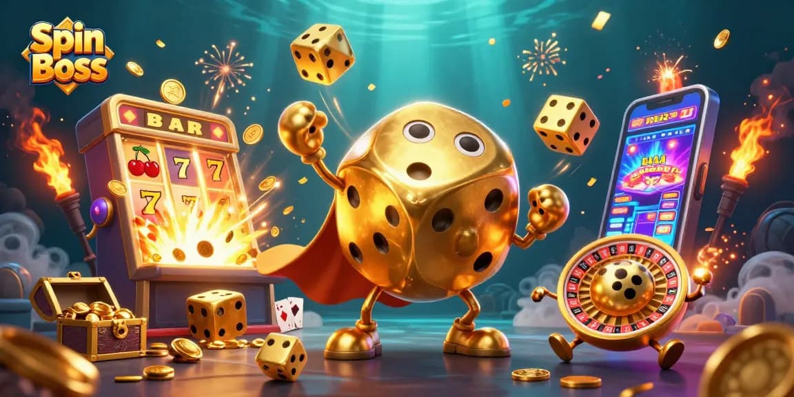 Spin Boss showcases vibrant casino action with golden dice and lively game elements.