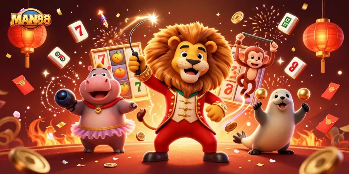 Experience exhilarating gaming with MAN88's vibrant casino scene featuring iconic characters and thrilling slot elements.