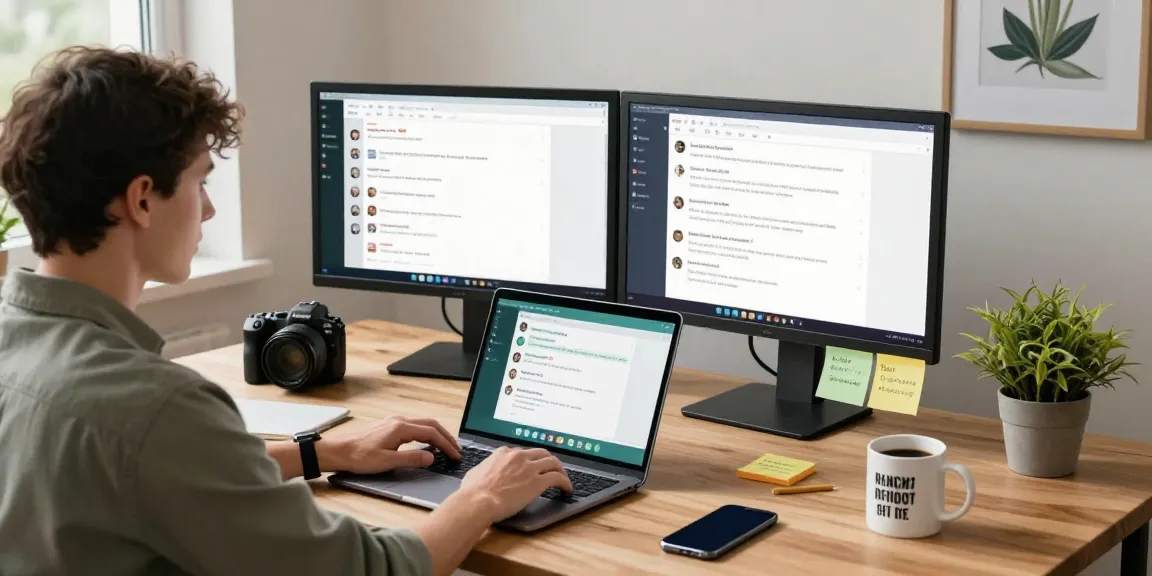 Using WhatsApp電腦版 on a modern laptop in a bright home office to enhance productivity.
