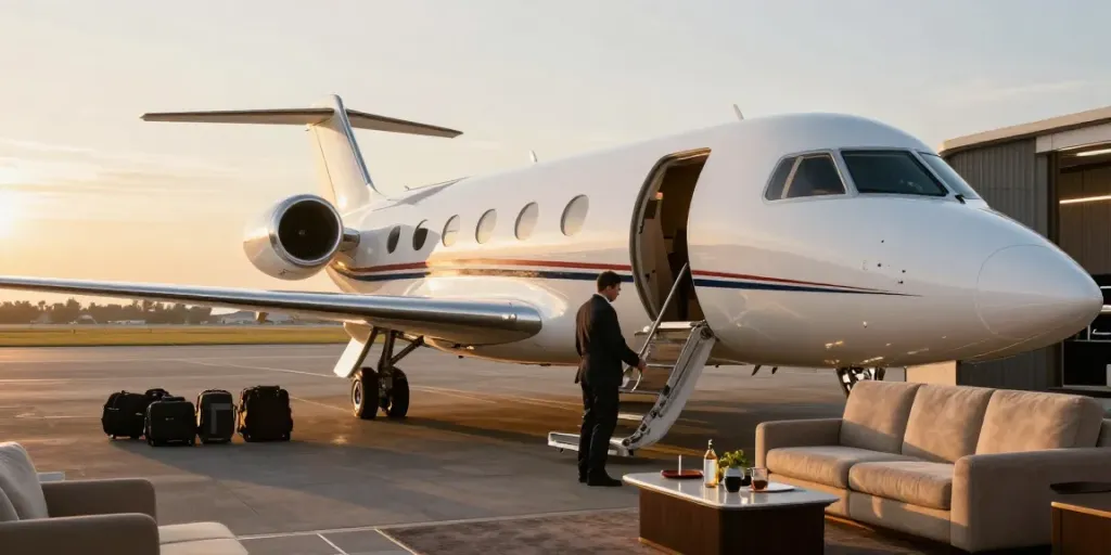 Private jet rental Amsterdam showcased at Schiphol Airport with luxurious amenities and warm sunset lighting.