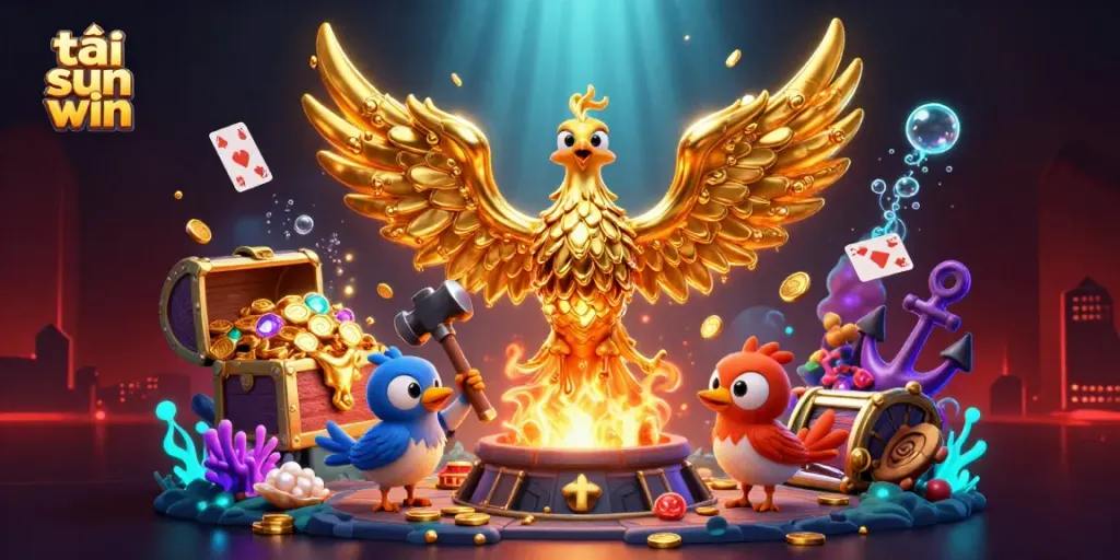 Tải sun win with a dynamic cartoon phoenix and immersive casino-themed treasures