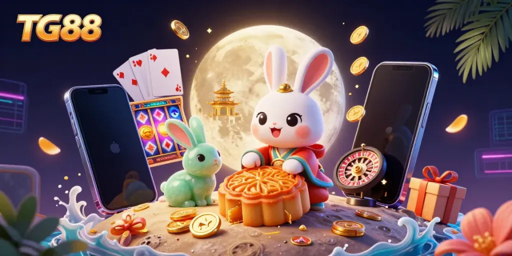 Experience the excitement of gambling with TG88's vibrant 3D cartoon scene featuring dynamic casino elements.