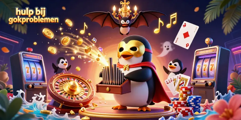 Unveil hulp bij gokproblemen with a vibrant scene of a penguin playing a golden pipe organ amid sparkling casino elements.