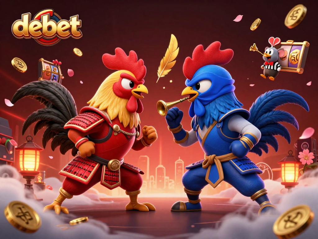 Engage in thrilling gameplay with debet's dynamic fighting roosters in a rich casino-themed illustration.