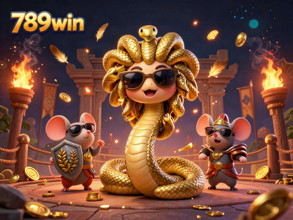 Experience thrilling action with 789win in a dynamic 3D casino illustration featuring Medusa and a warrior mouse.