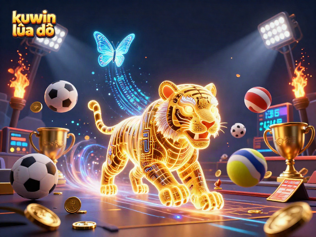Kuwin lừa đảo shines in an electrifying casino scene with a golden tiger and sports elements.