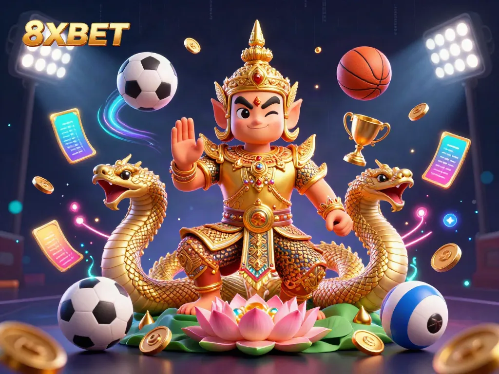 Experience thrilling moments with 8XBET's lively casino scenario featuring sports elements and vibrant colors.
