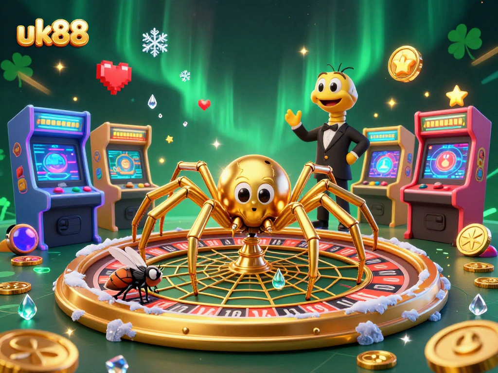 Experience thrilling gambling action at uk88 with a captivating 3D scene featuring a roulette-inspired web and interactive game elements.