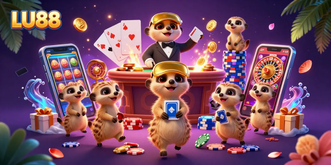 LU88 players explore a vibrant casino scene with meerkats, slot games, and rich rewards.
