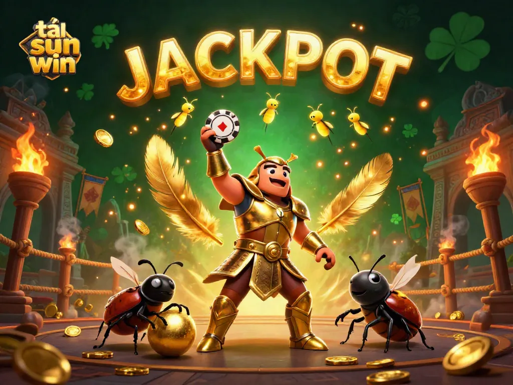Experience the thrill of tải sun win with a 3D hercules beetle celebrating a jackpot amidst dynamic gaming elements.