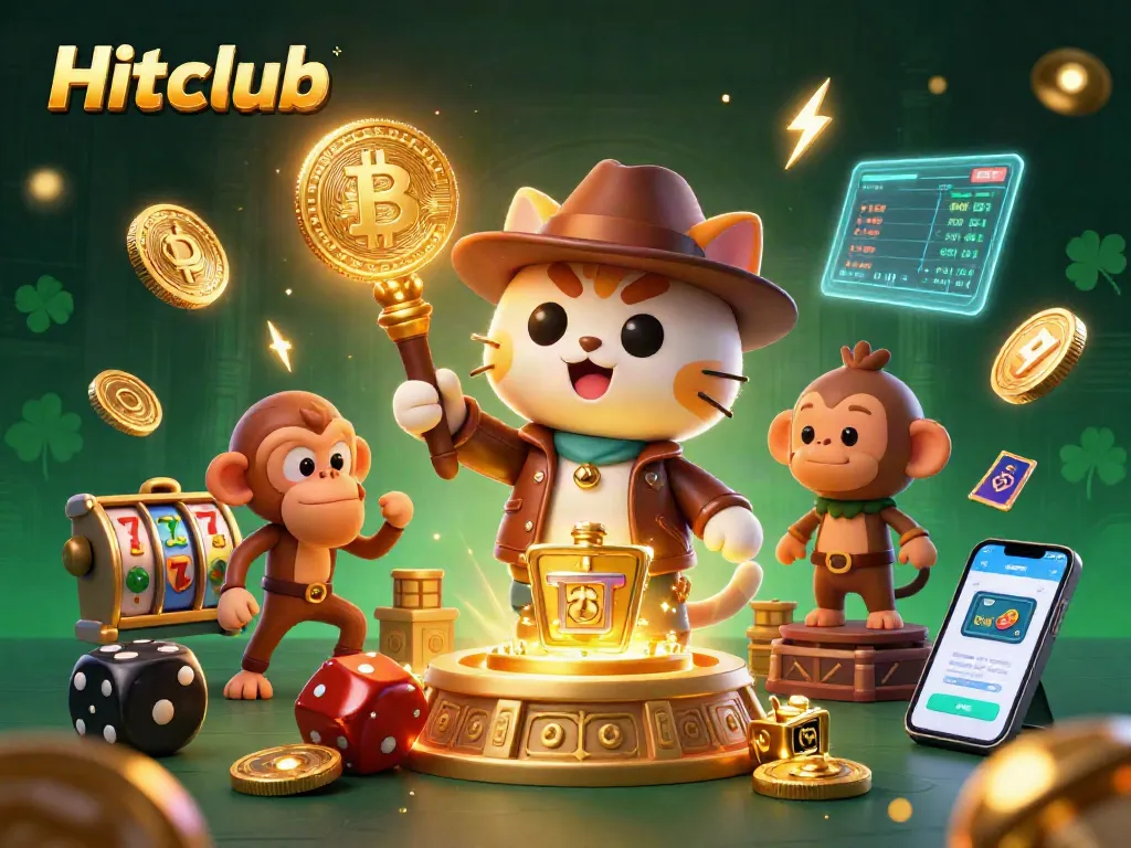 Engage with Hitclub's vibrant casino adventure featuring an archaeologist cat and monkey amidst gold artifacts.