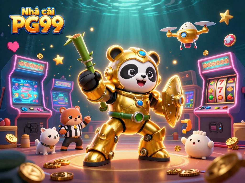 Engage with Nhà cái PG99 featuring a golden panda in a lively dynamic 3D casino scene.